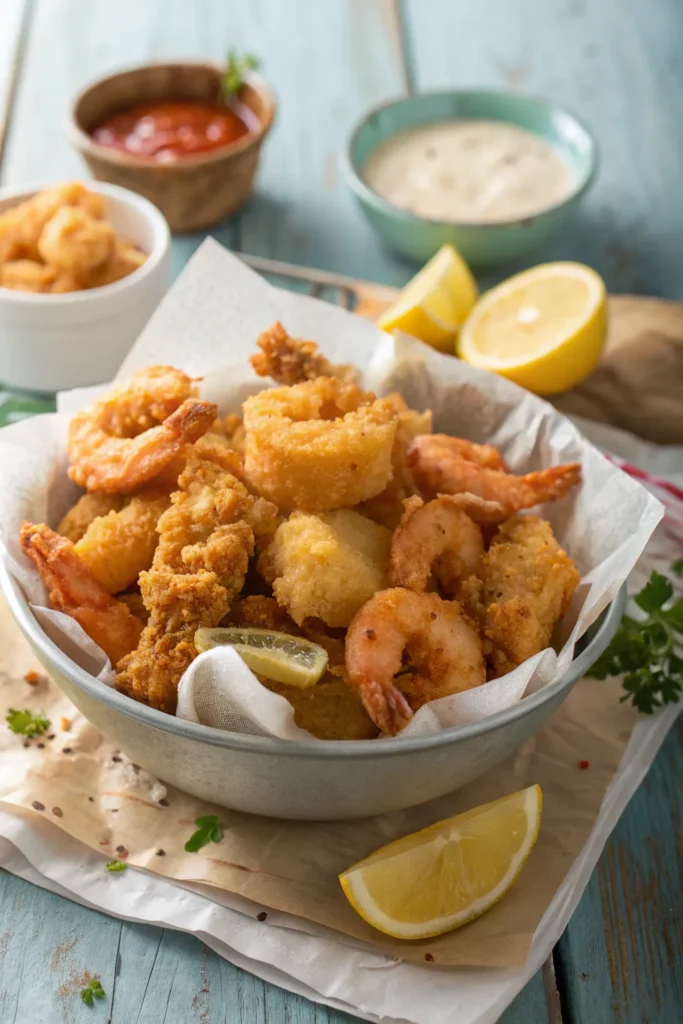 Bowls of flour, cornstarch, and seasonings for super crispy seafood batter.