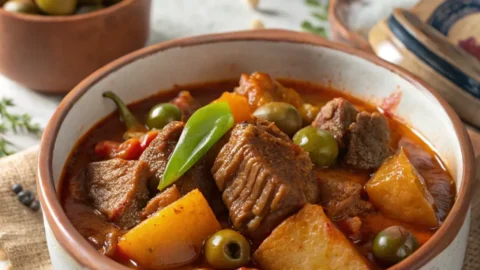 Beef caldereta with tender beef pieces simmered in a rich tomato-based sauce.