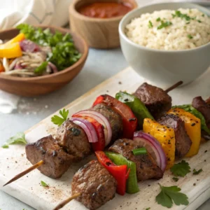 Beef kebabs grilled with vegetables