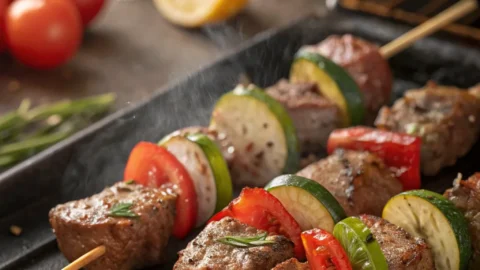 Beef kebabs grilled with vegetables and served with fresh herbs, ready to eat.