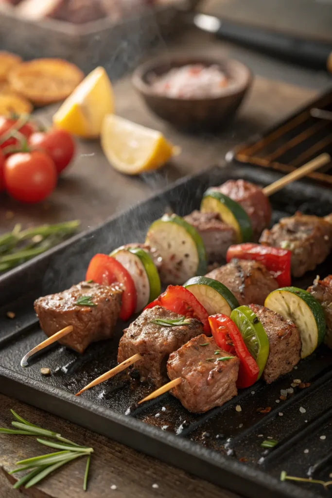 Beef kebabs grilled with vegetables and served with fresh herbs, ready to eat.