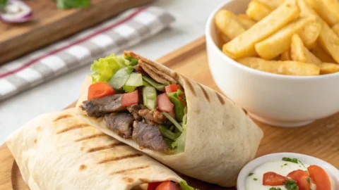 Beef shawarma wrapped in pita with tahini, vegetables, and pickles, ready to eat.