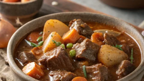 Classic stovetop beef stew with tender beef, vegetables, and rich gravy served in a bowl.