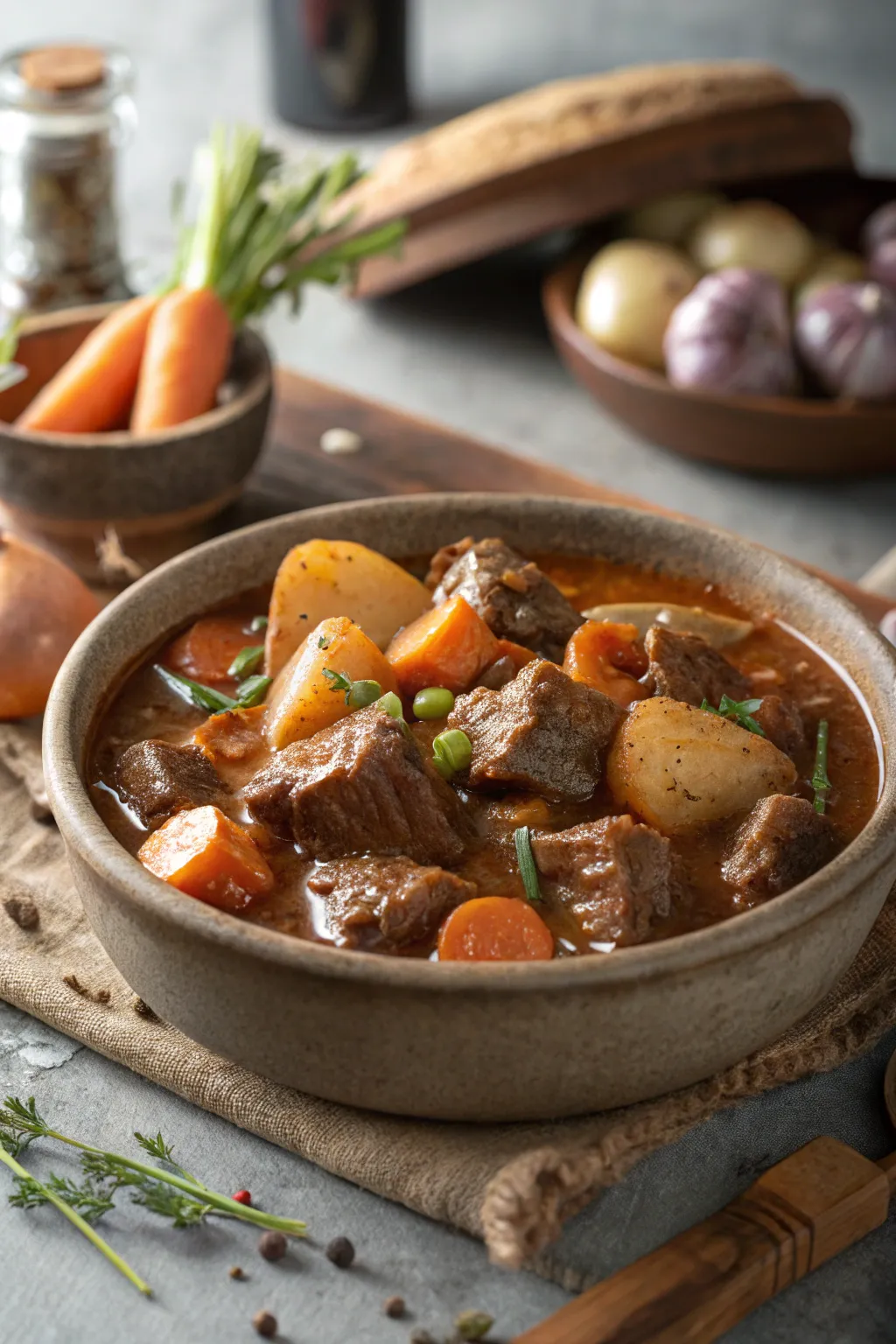 Classic stovetop beef stew with tender beef, vegetables, and rich gravy served in a bowl.