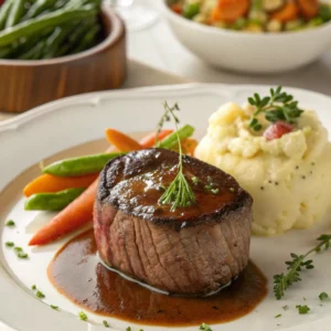 Perfectly seared beef filet mignon with rich sauce
