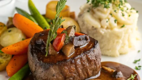 Perfectly seared beef filet mignon with rich sauce, garnished with herbs and served on a plate.