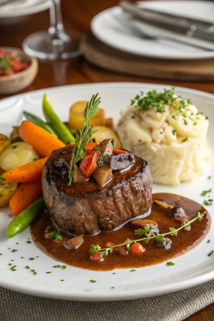 Perfectly seared beef filet mignon with rich sauce, garnished with herbs and served on a plate.