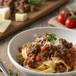 Ground beef pasta served in a bowl with rich tomato sauce