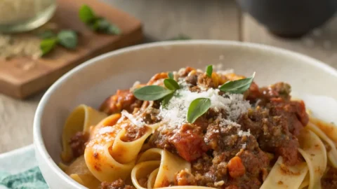 Ground beef pasta served in a bowl with rich tomato sauce and fresh herbs.