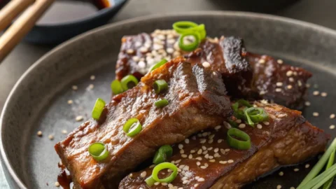 Korean beef short ribs glazed in a savory soy-garlic sauce and garnished with sesame seeds.