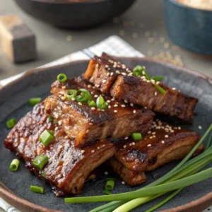 Korean beef short ribs glazed in a savory soy-garlic sauce