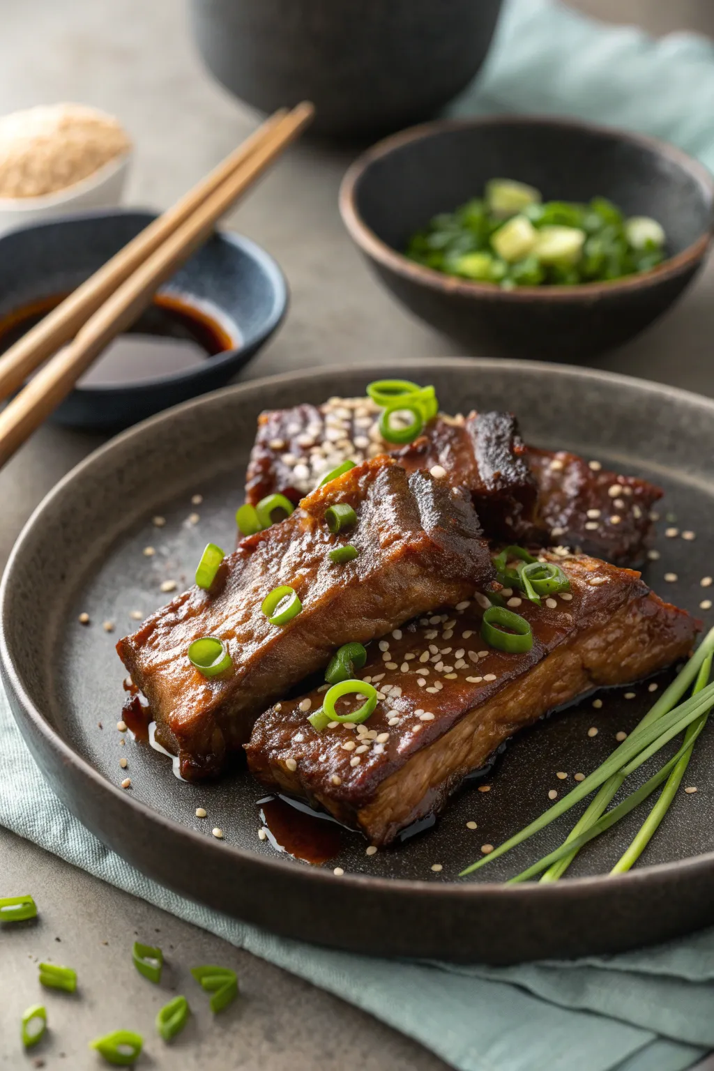 Korean beef short ribs glazed in a savory soy-garlic sauce and garnished with sesame seeds.