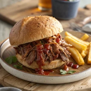Tender slow-cooked pulled beef served on a rustic plate with rich sauce