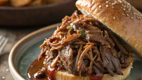Tender slow-cooked pulled beef served on a rustic plate with rich sauce and natural lighting.