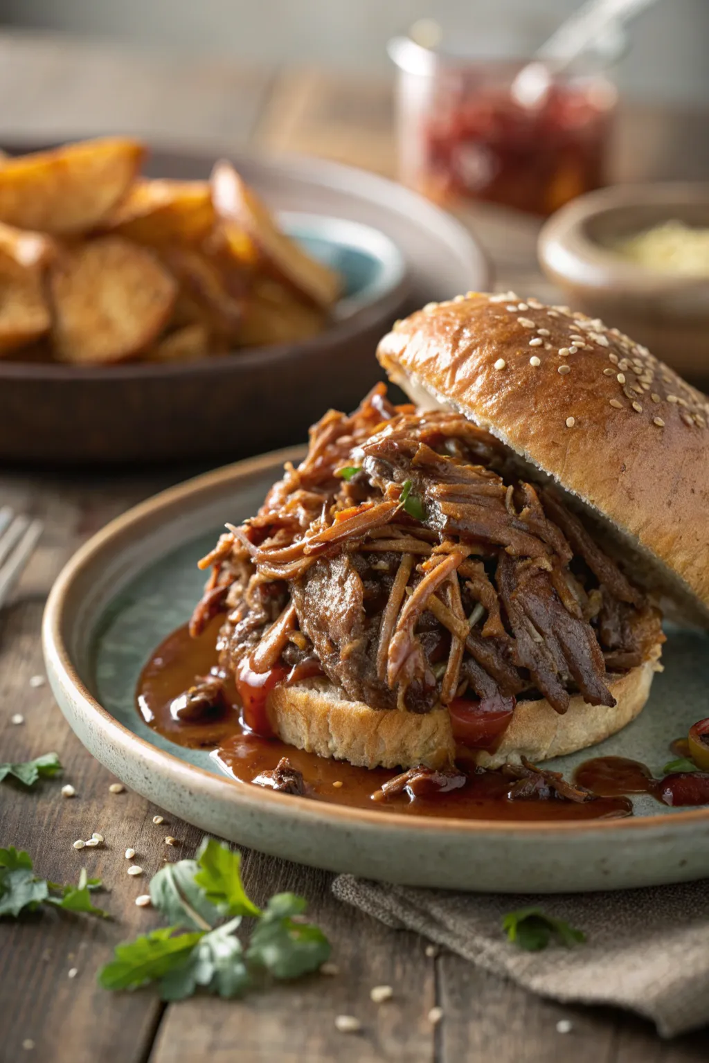 Tender slow-cooked pulled beef served on a rustic plate with rich sauce and natural lighting.