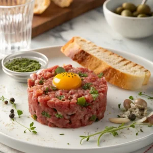 Classic steak tartare served on a white plate with egg