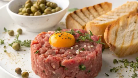 Classic steak tartare served on a white plate with egg yolk, capers, and fresh herbs.