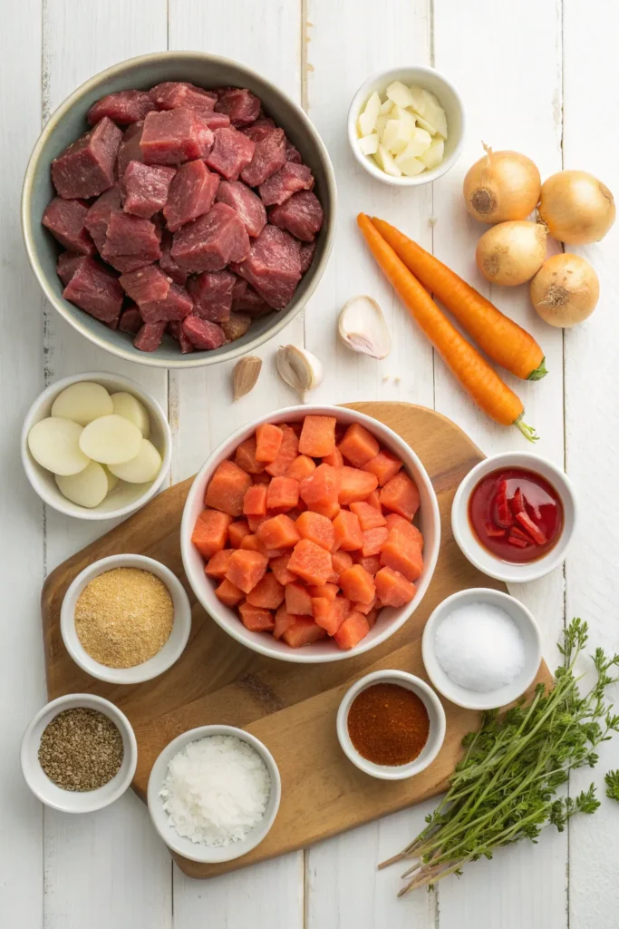 Ingredients prepared for stovetop beef stew including beef, vegetables, and broth.