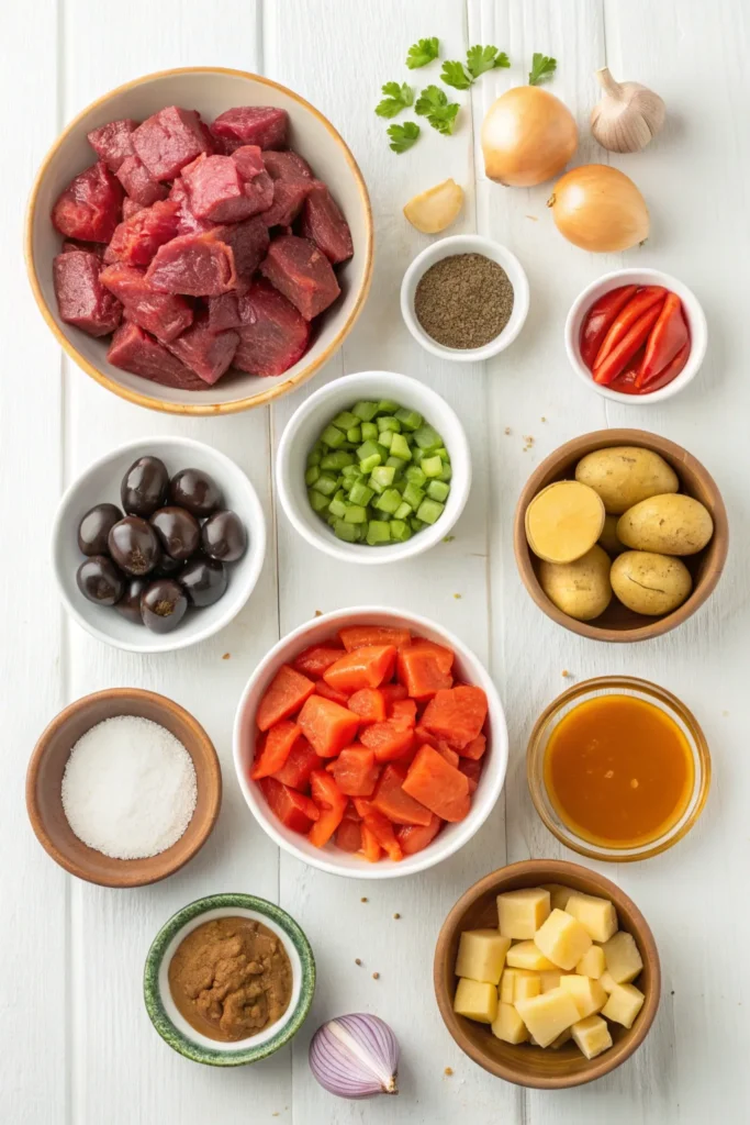 Ingredients for beef caldereta including beef, vegetables, tomatoes, and olives.