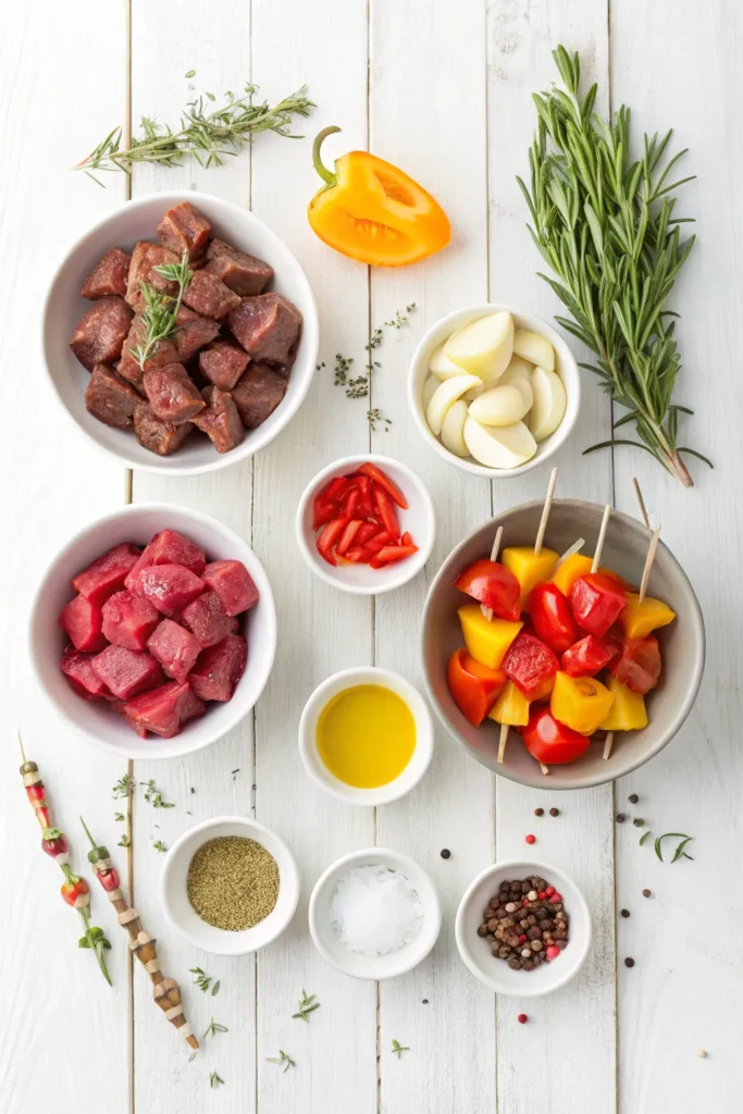 Ingredients for making beef kebabs, including beef, vegetables, and herbs.