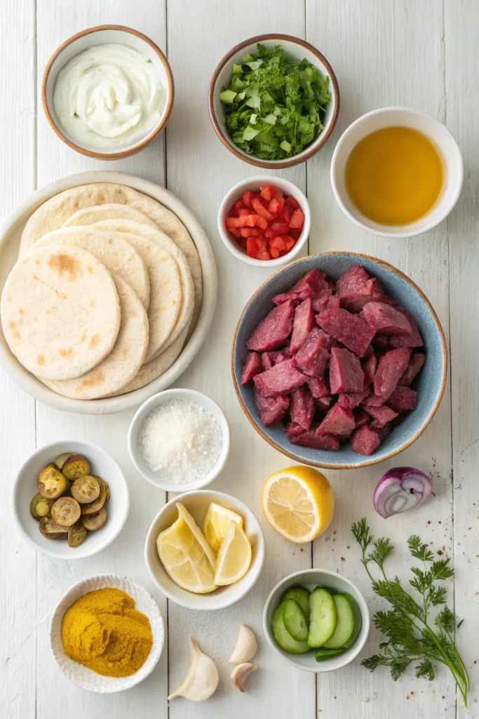 Ingredients for beef shawarma, including beef, spices, vegetables, and flatbread.