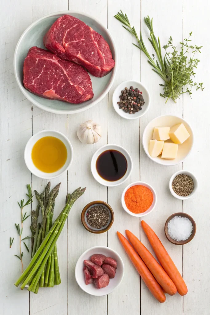 Ingredients for cooking beef filet mignon, including filet mignon steaks, herbs, garlic