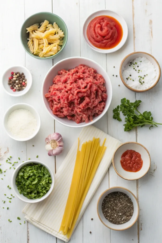 Ingredients prepared for ground beef pasta including ground beef, pasta, and tomato sauce.