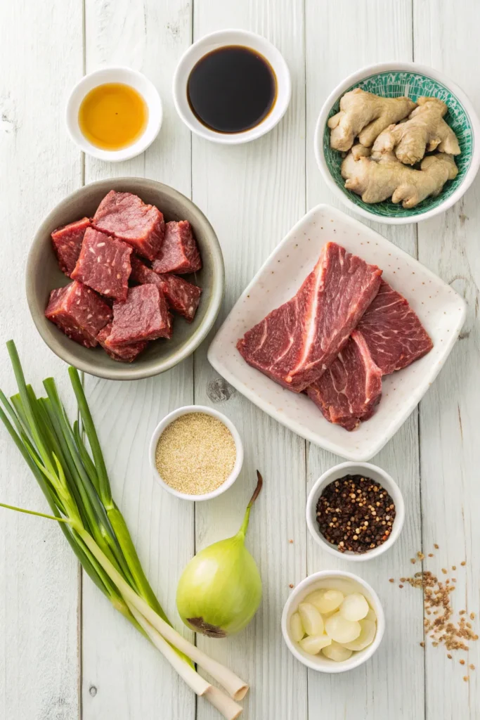 Ingredients prepared for Korean beef short ribs including beef ribs, soy sauce, garlic, and sesame oil.