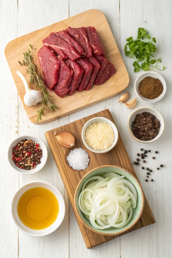 Raw ingredients laid out for making pulled beef, including beef, onions, garlic, and spices.