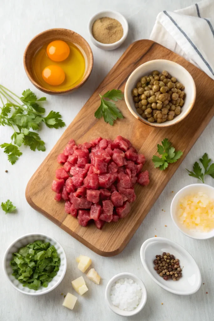 Fresh ingredients arranged for making steak tartare, including raw beef, egg yolk, capers, and herbs.