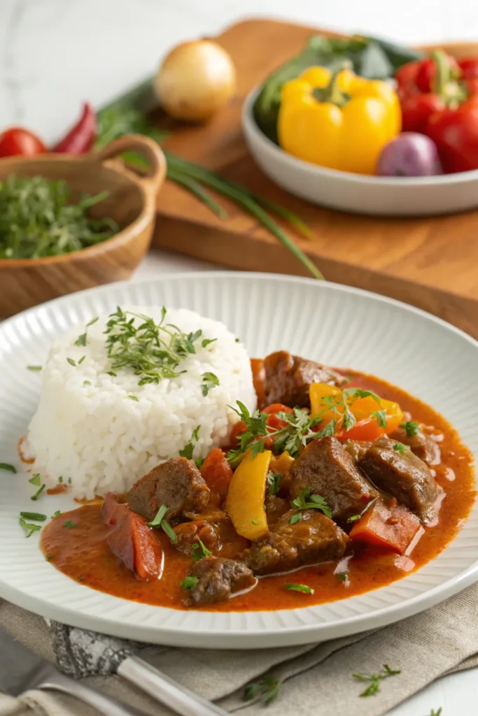 Beef caldereta served hot with rice, ready to enjoy.