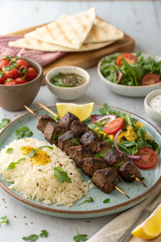 Beef kebabs served with rice, fresh vegetables, and garnished with herbs, ready to eat.