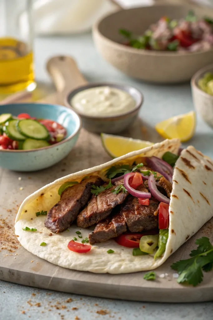 Beef shawarma wrapped in pita with tahini, vegetables, and pickles, served with fries.