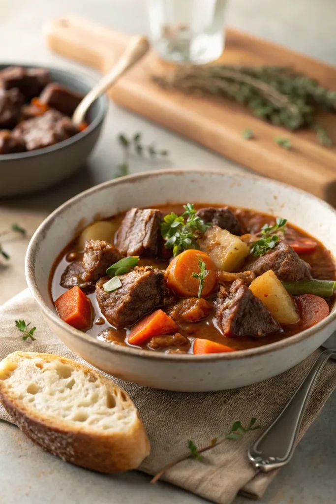 Stovetop beef stew served hot with tender meat and rich gravy.