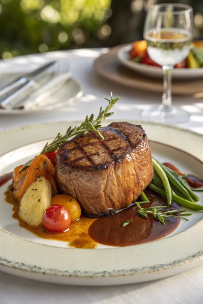 Beef filet mignon served with rich sauce, vegetables, and garnished with fresh herbs.