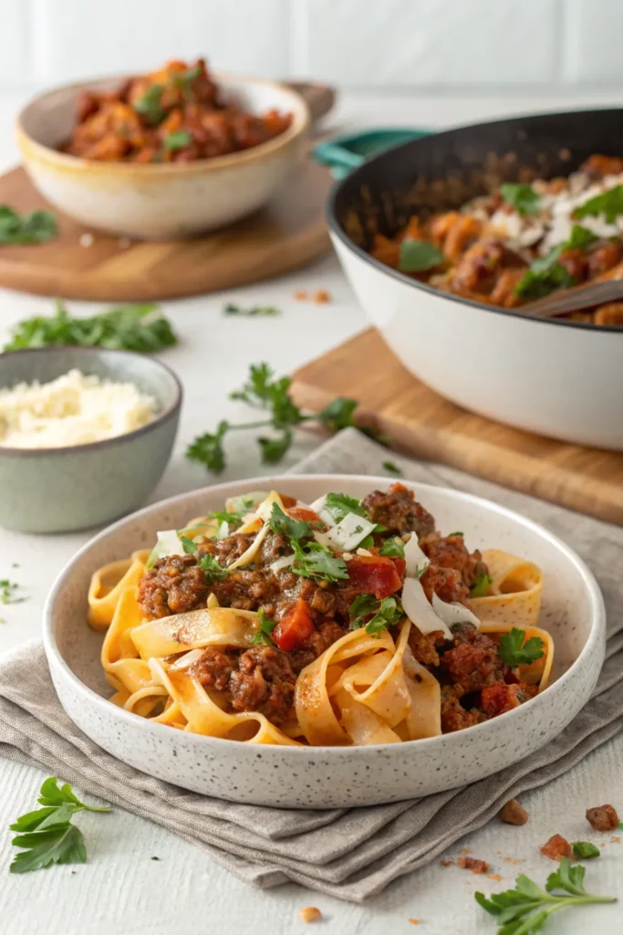 Ground beef pasta served hot and ready to eat.