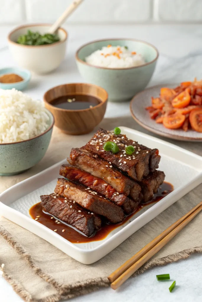 Korean beef short ribs served with rice and garnished with green onions.