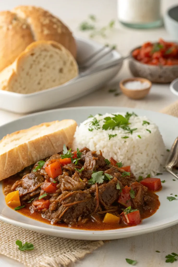 Pulled beef served hot with side dishes and ready to be enjoyed.