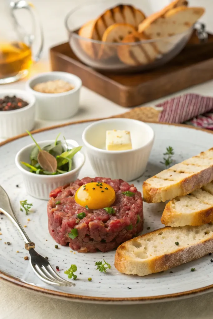 Steak tartare served with toasted bread and classic accompaniments, ready to eat.