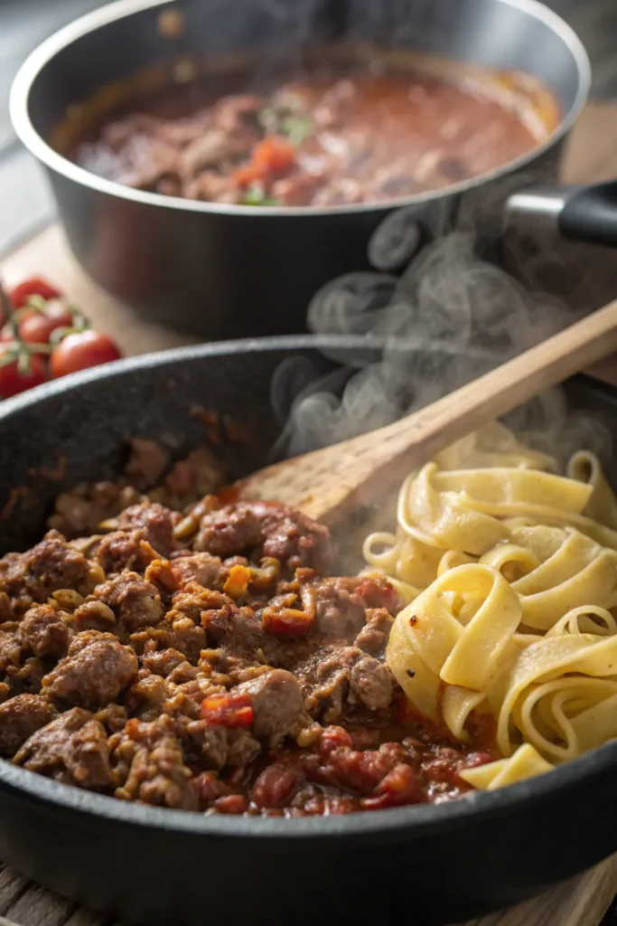 Cooking ground beef pasta showing the step of the recipe