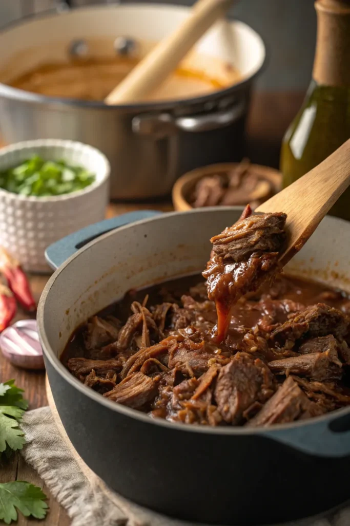 Cooking pulled beef showing the steps