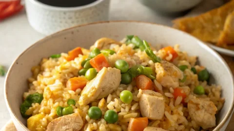 Benihana-style chicken fried rice served in a bowl with diced chicken, vegetables, and garnished with green onions