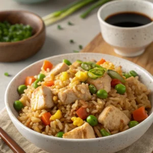 Benihana-style chicken fried rice served in a bowl with diced chicken
