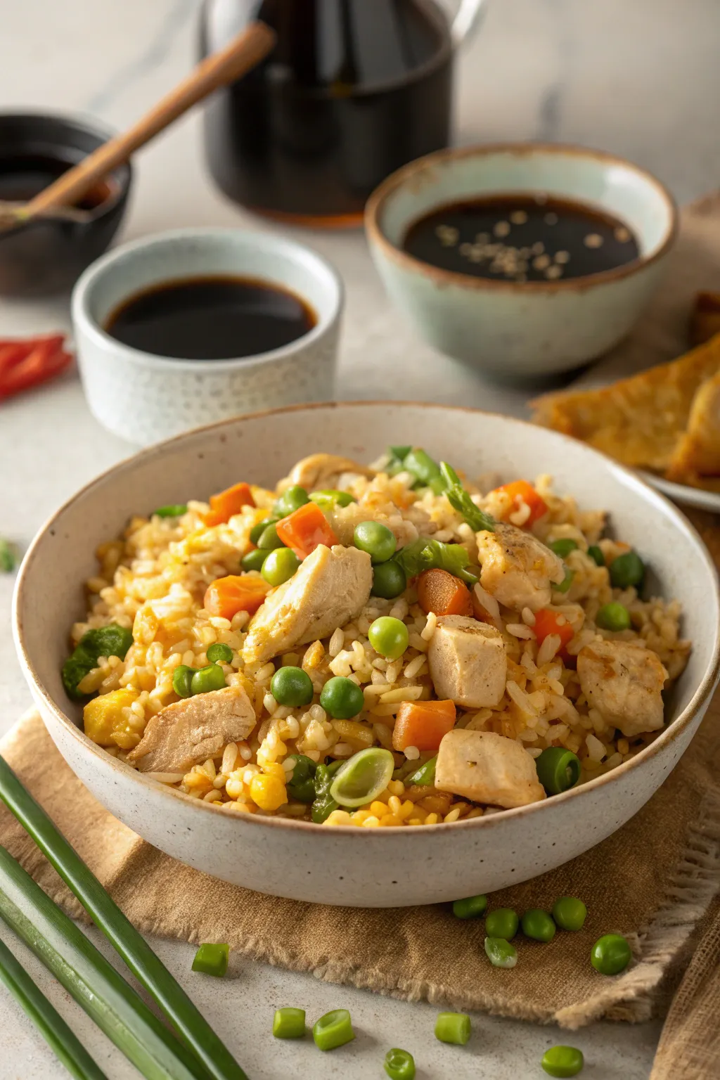 Benihana-style chicken fried rice served in a bowl with diced chicken, vegetables, and garnished with green onions