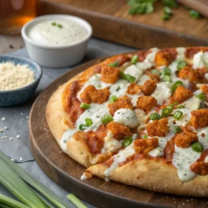 Buffalo chicken pizza with spicy chicken