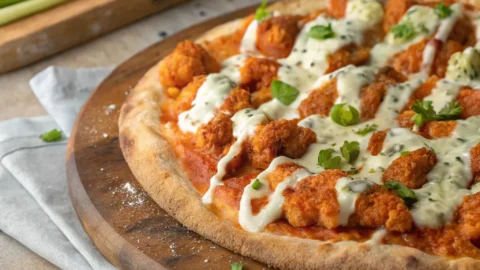 Buffalo chicken pizza with spicy chicken, mozzarella, blue cheese, and ranch dressing, garnished with fresh parsley.