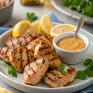 Chick-fil-A-style grilled chicken nuggets served with dipping sauce