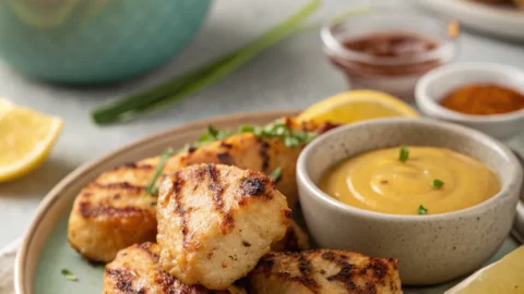 Chick-fil-A-style grilled chicken nuggets served with dipping sauce and garnished with fresh herbs.