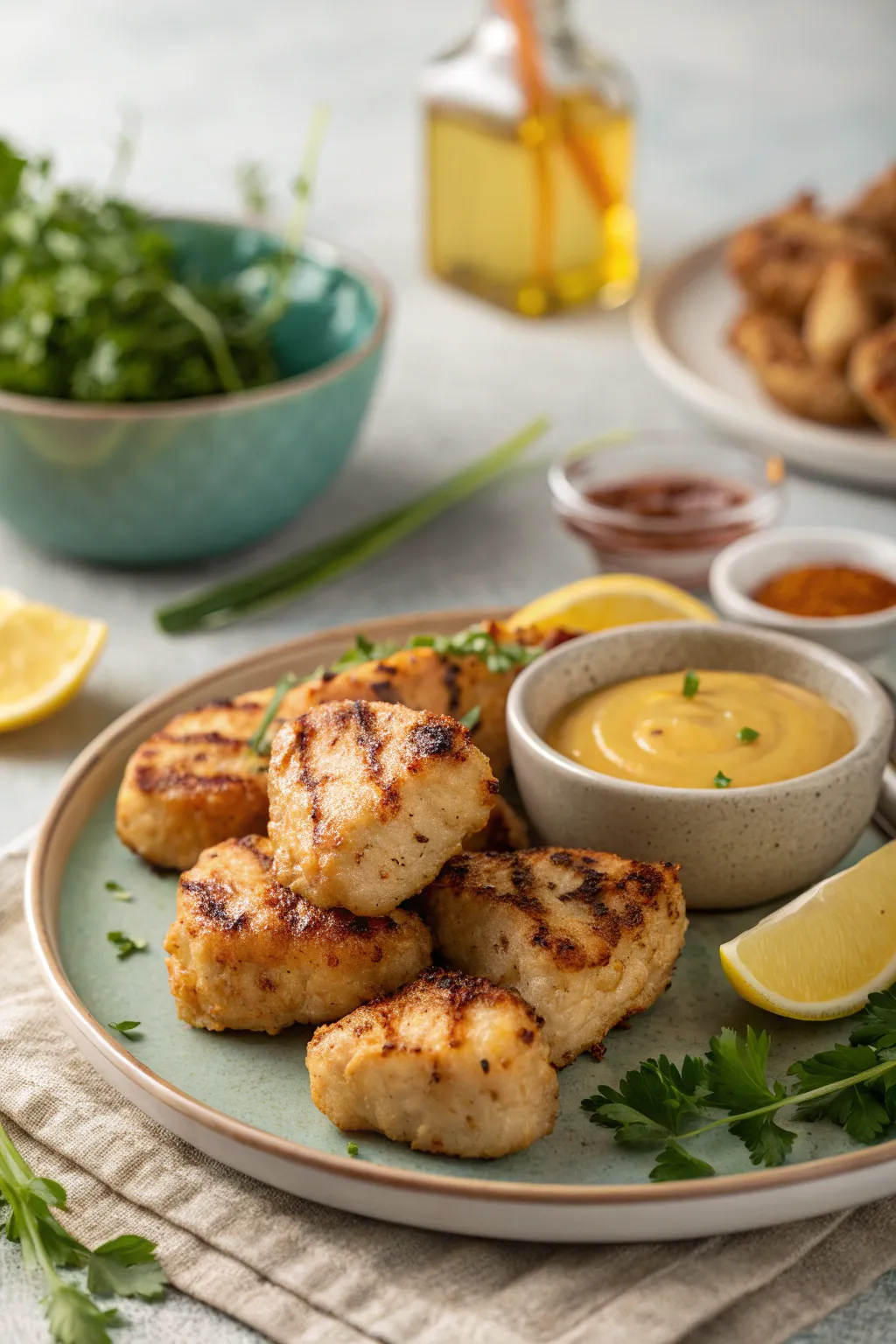 Chick-fil-A-style grilled chicken nuggets served with dipping sauce and garnished with fresh herbs.