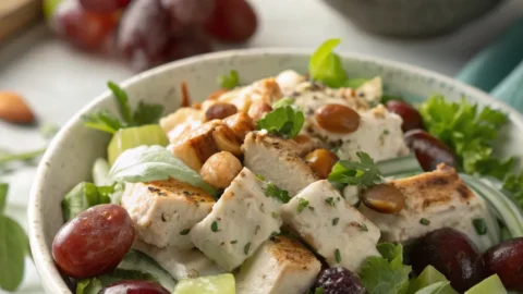 Best chicken salad with grapes, celery, and creamy dressing, garnished with toasted almonds